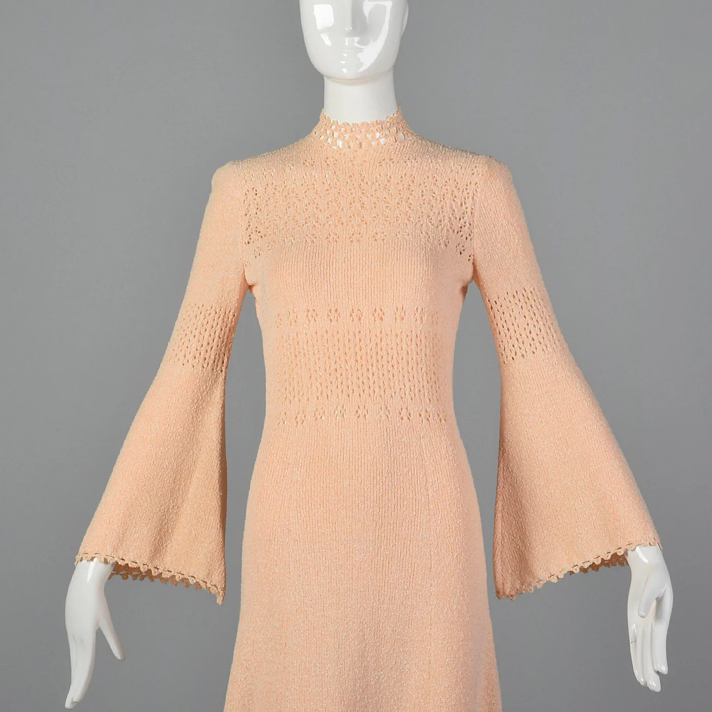 1970s Pink Knit Maxi Dress with Bell Sleeves