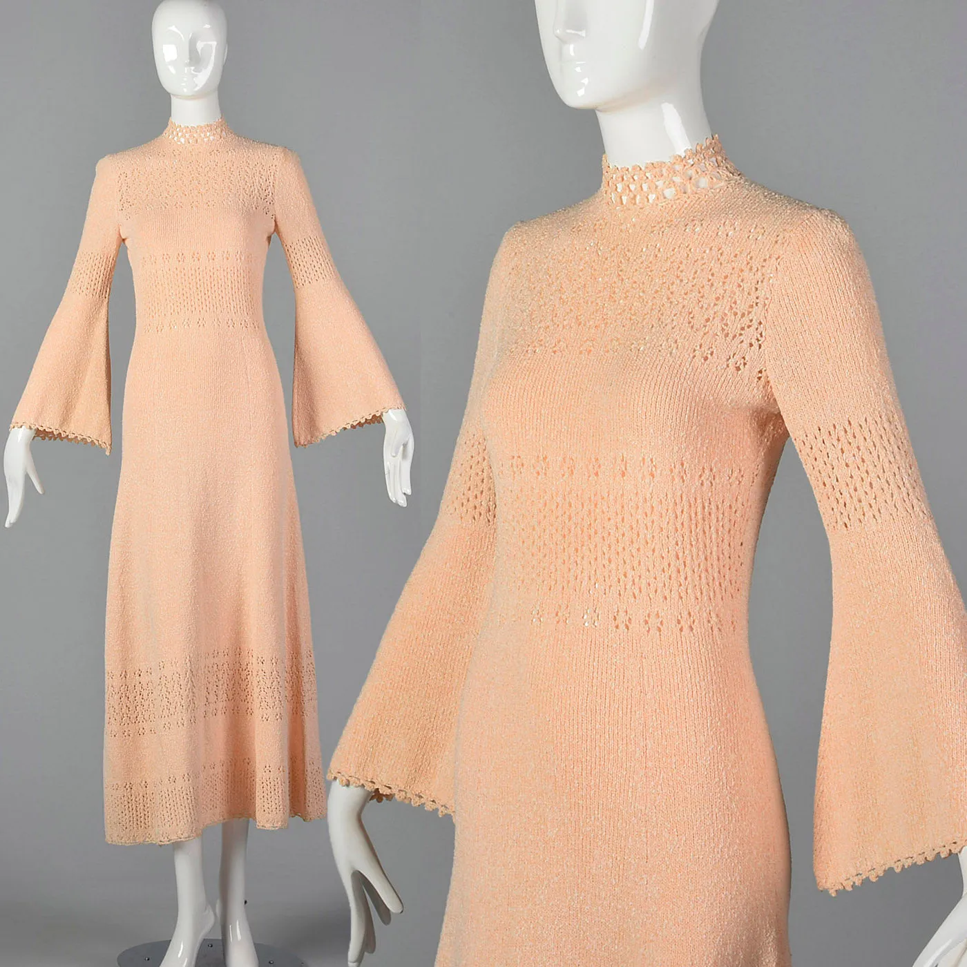 1970s Pink Knit Maxi Dress with Bell Sleeves