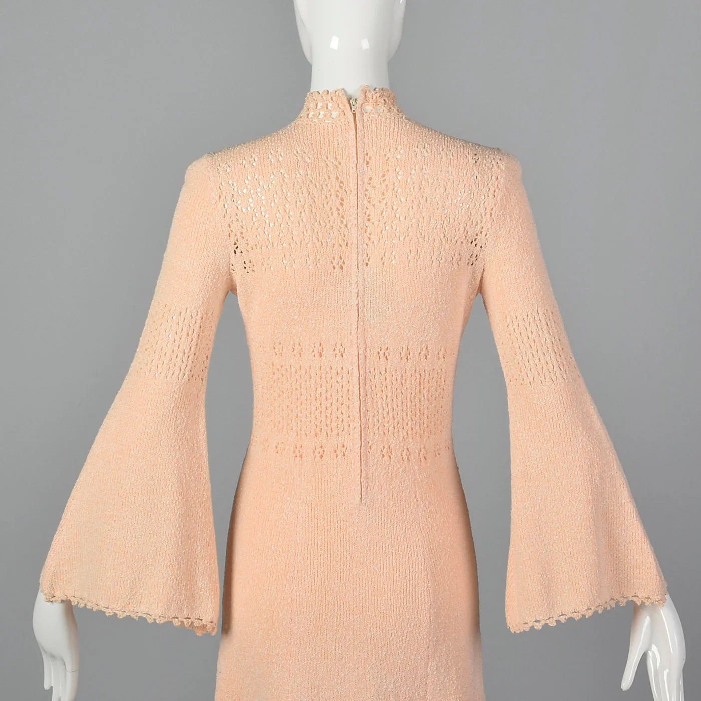 1970s Pink Knit Maxi Dress with Bell Sleeves