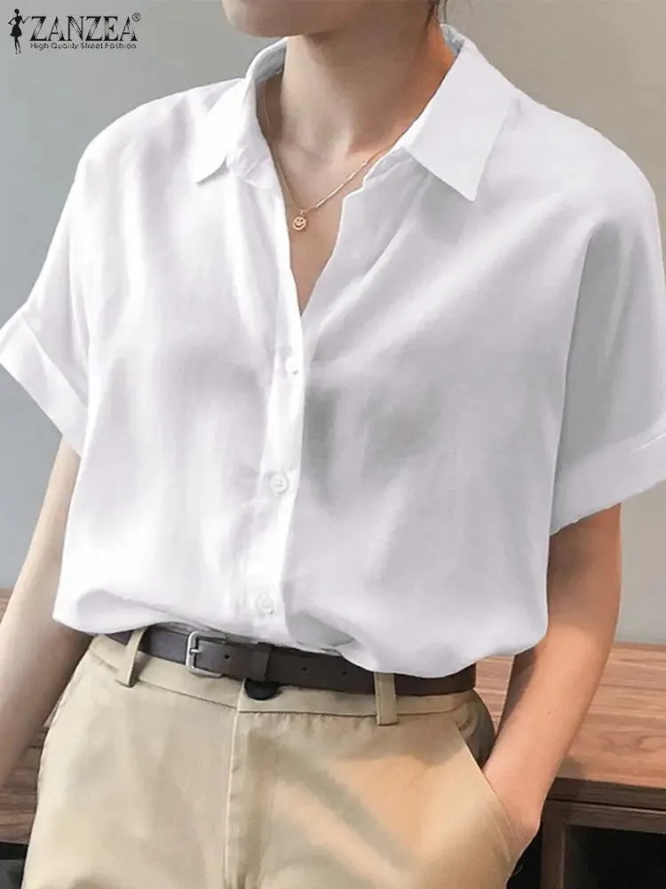 2023 Summer Oversized Shirts Women Shirt ZANZEA Fashion Loose Solid Tops Short Sleeved Blouse Casual Solid Buttons Down Blusas