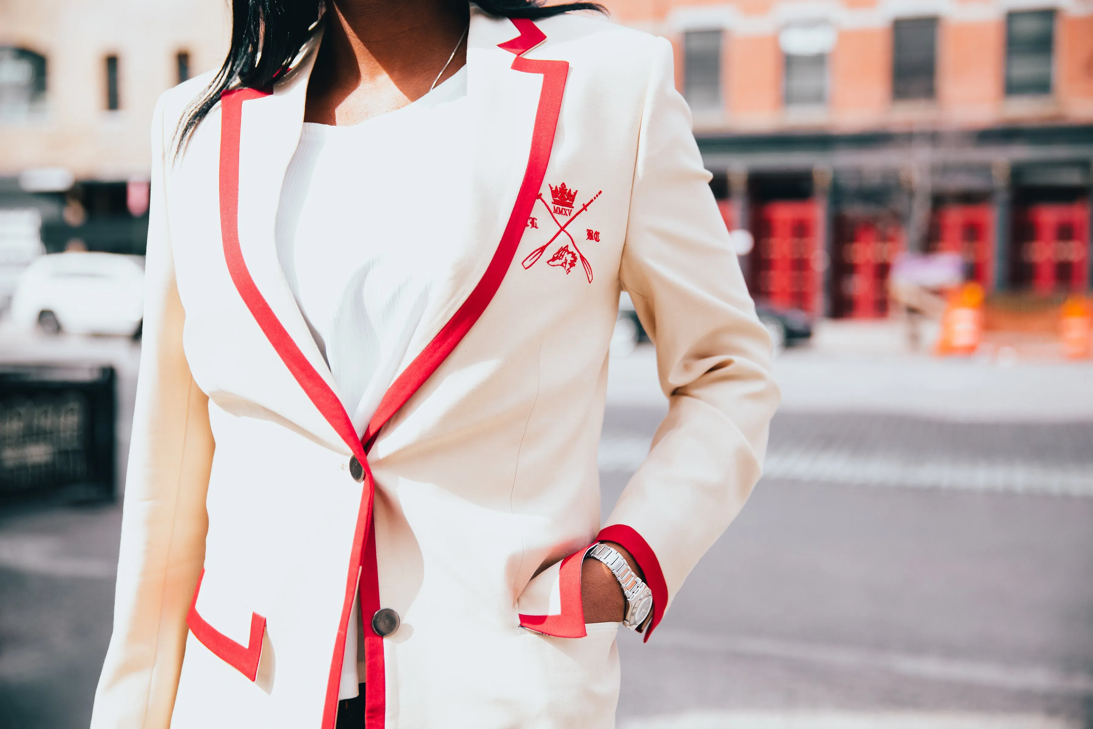 Adé Lang Beige Women's Regatta Blazer with Red Edging