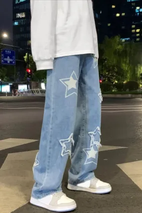 Aesthetic Harajuku Y2K Korean Fashion Star Patch Print Baggy Straight Fit Wide Leg Blue Jeans For Mens