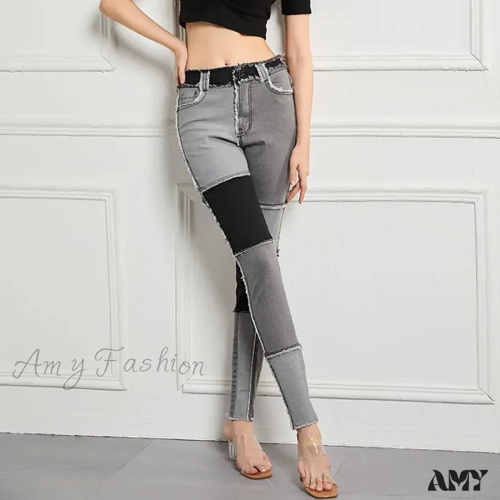 Amy Fashion - Elastic Patchwork Tassel Slim Fit Street Denim Jean