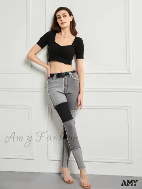 Amy Fashion - Elastic Patchwork Tassel Slim Fit Street Denim Jean