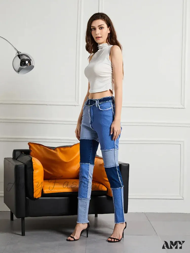 Amy Fashion - Elastic Patchwork Tassel Slim Fit Street Denim Jean