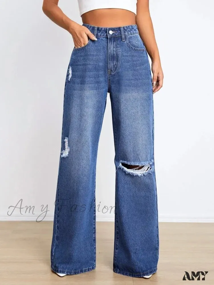 Amy Fashion - New Loose Ripped Fashion High Waist Wide Leg Casual Y2K Jean