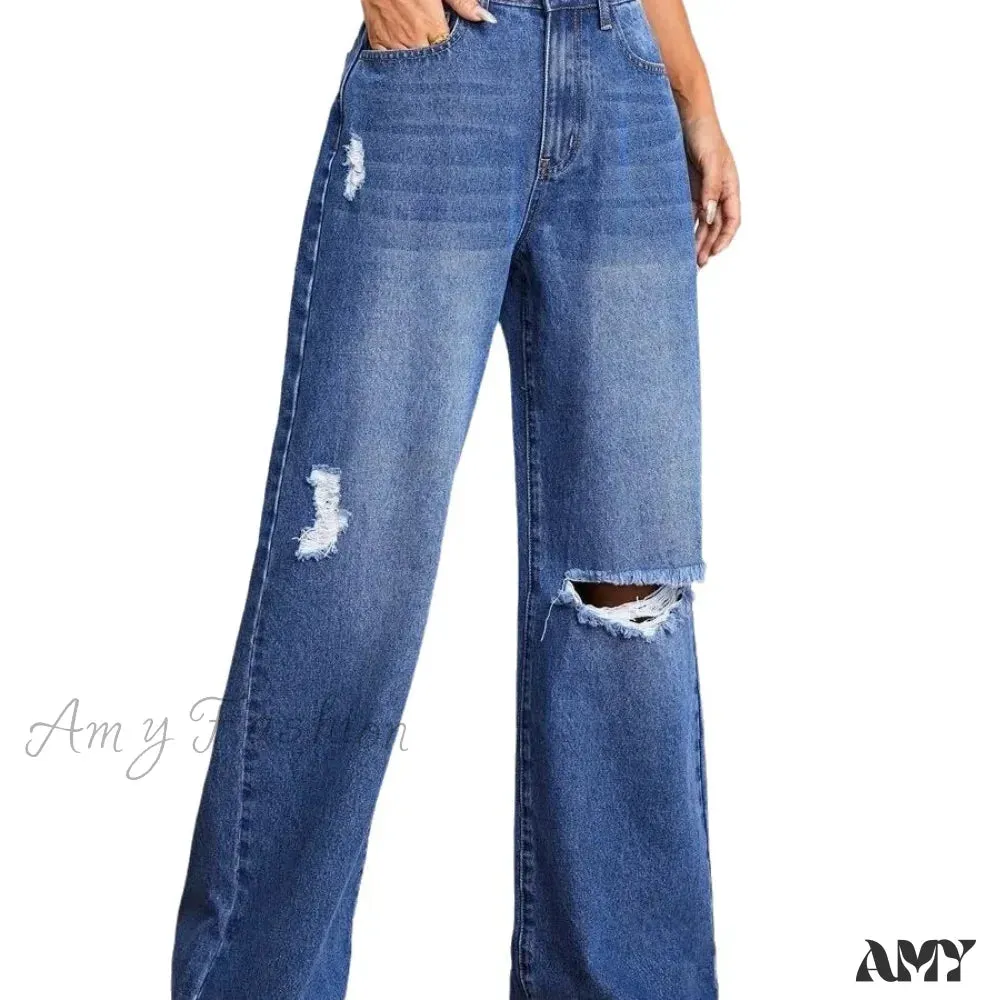 Amy Fashion - New Loose Ripped Fashion High Waist Wide Leg Casual Y2K Jean