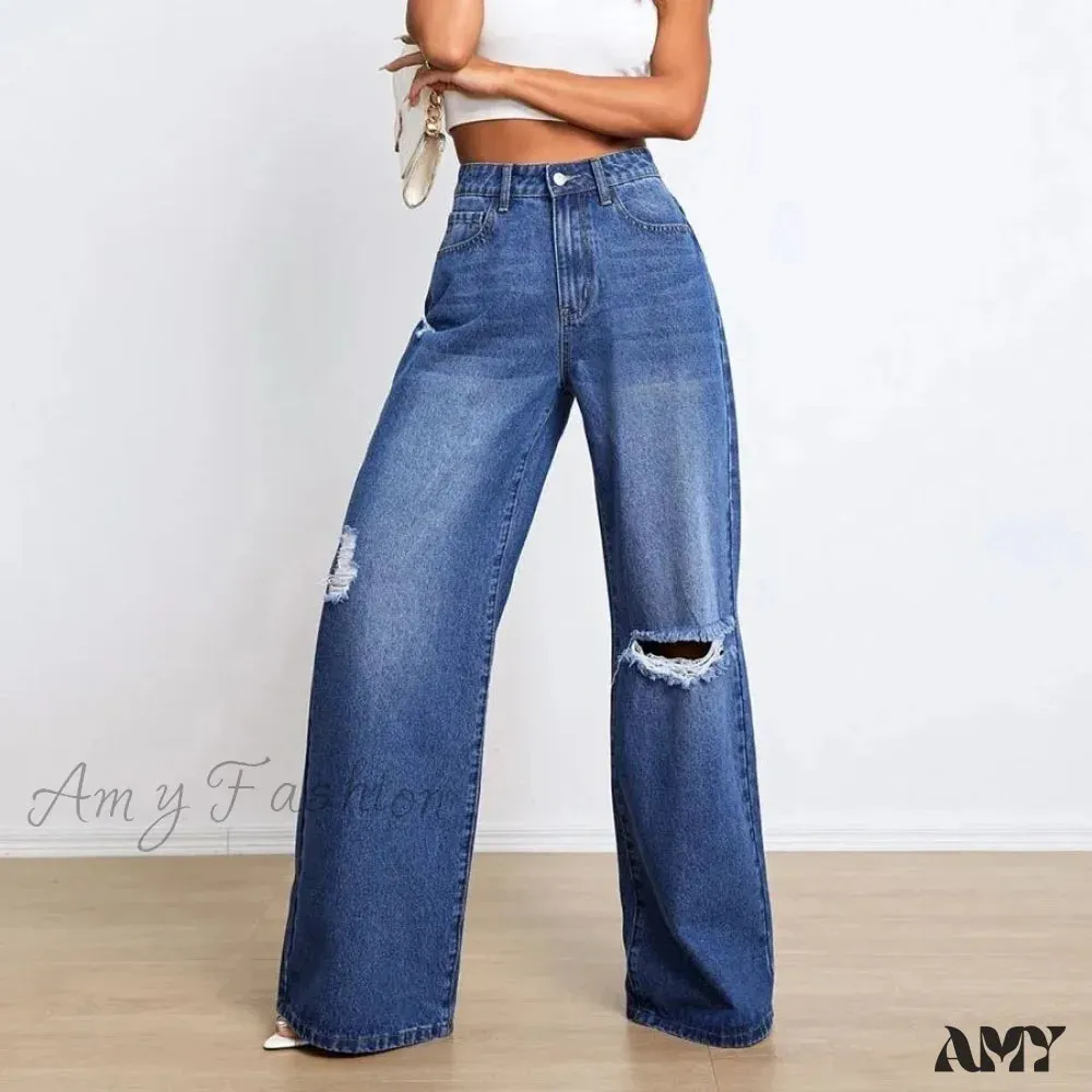 Amy Fashion - New Loose Ripped Fashion High Waist Wide Leg Casual Y2K Jean