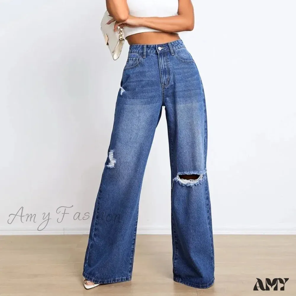 Amy Fashion - New Loose Ripped Fashion High Waist Wide Leg Casual Y2K Jean