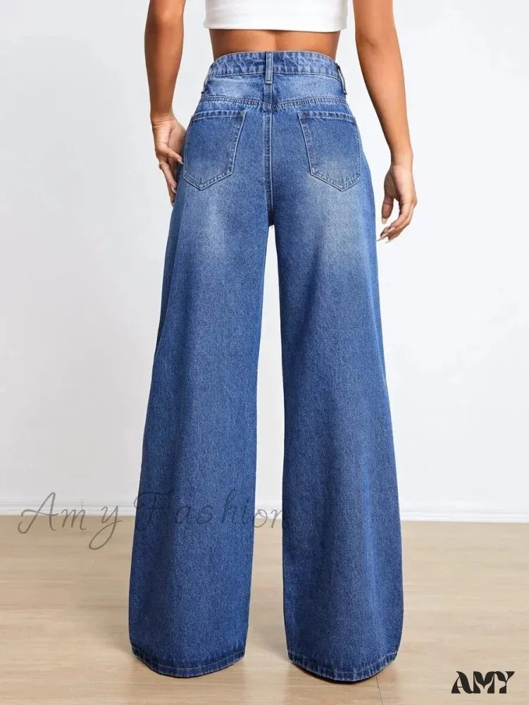 Amy Fashion - New Loose Ripped Fashion High Waist Wide Leg Casual Y2K Jean