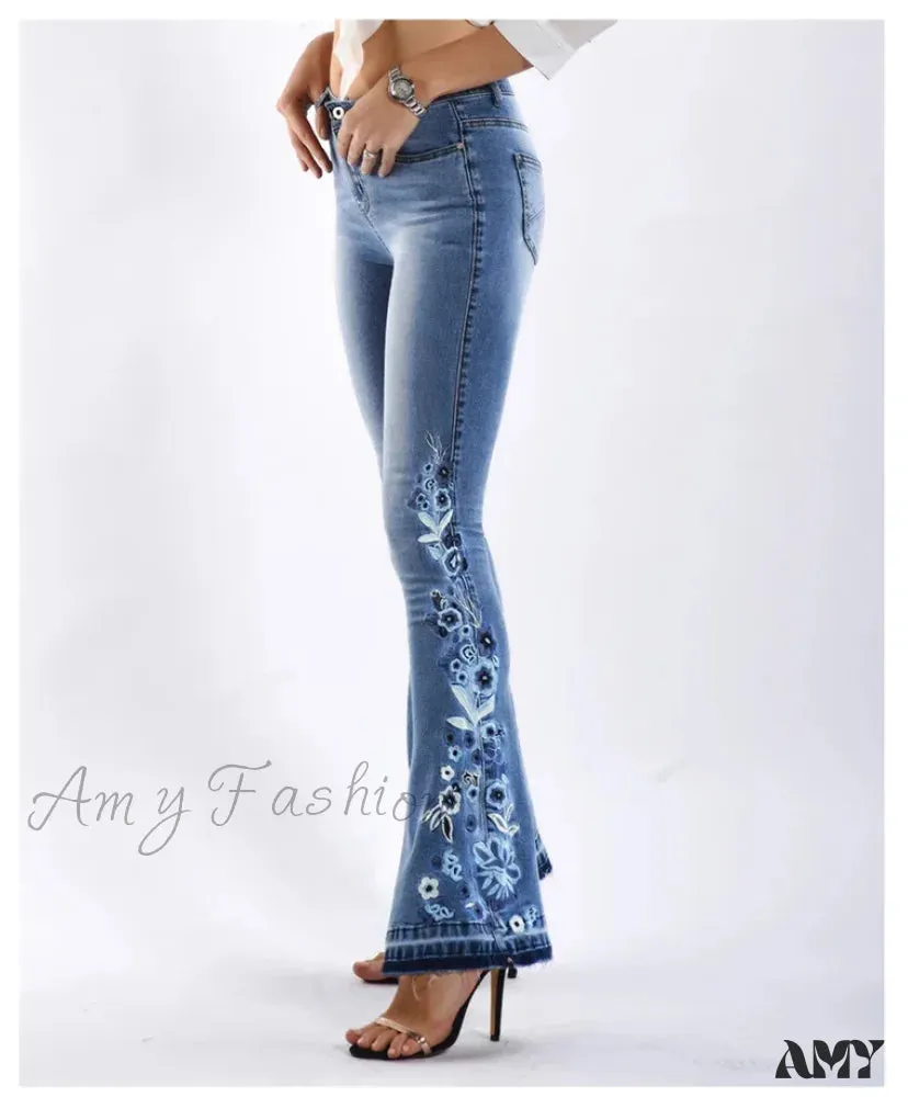 Amy Fashion - Size S-4XL Elastic Flower Embroidered Flare Denim Autumn Retro Style Bell Bottom Skinny Jean