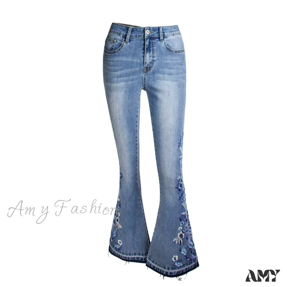 Amy Fashion - Size S-4XL Elastic Flower Embroidered Flare Denim Autumn Retro Style Bell Bottom Skinny Jean