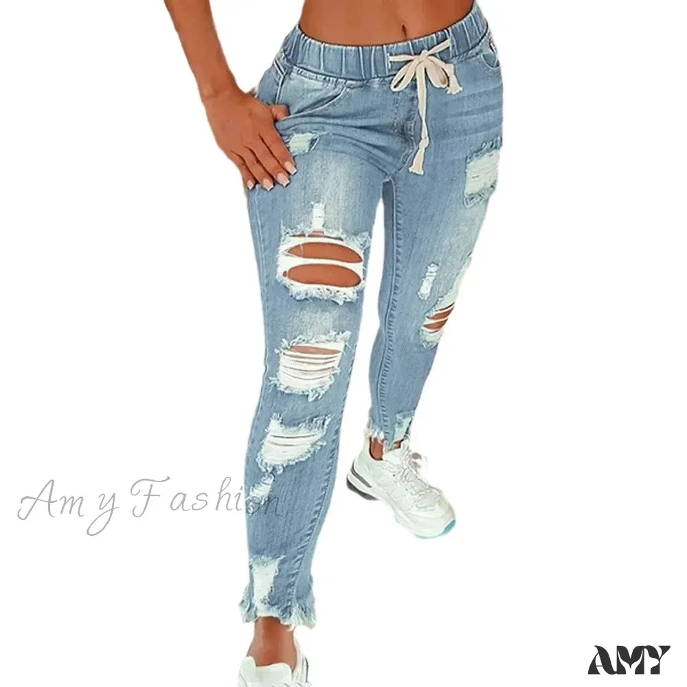 Amy Fashion - Stretch High Waist Ripped Washed Slim Skinny Pencil Denim Jean