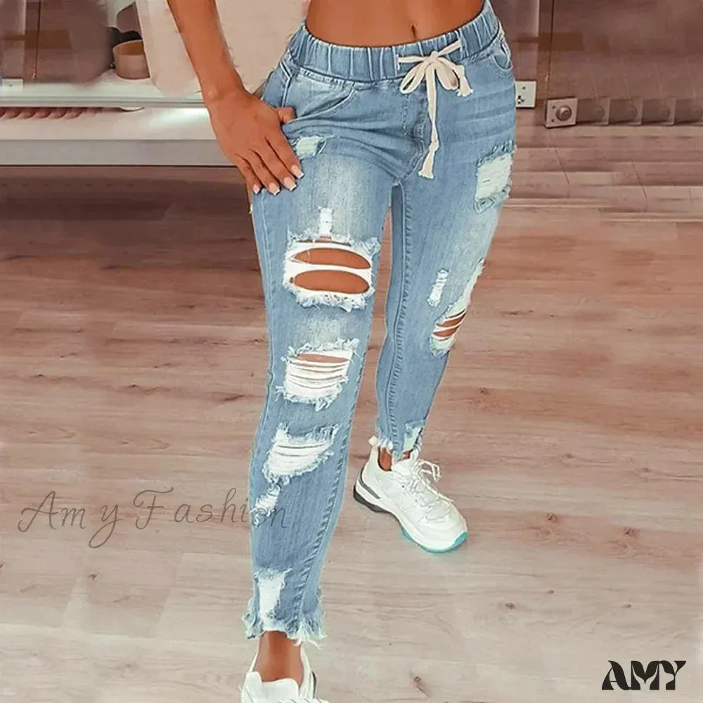 Amy Fashion - Stretch High Waist Ripped Washed Slim Skinny Pencil Denim Jean