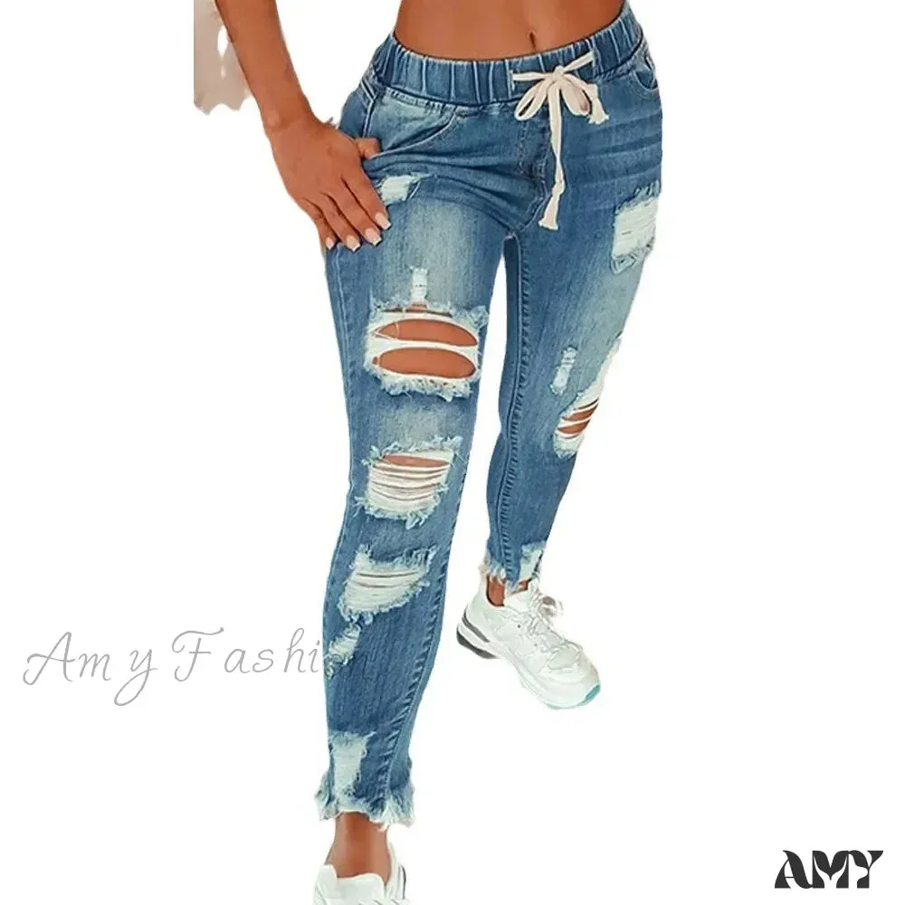 Amy Fashion - Stretch High Waist Ripped Washed Slim Skinny Pencil Denim Jean