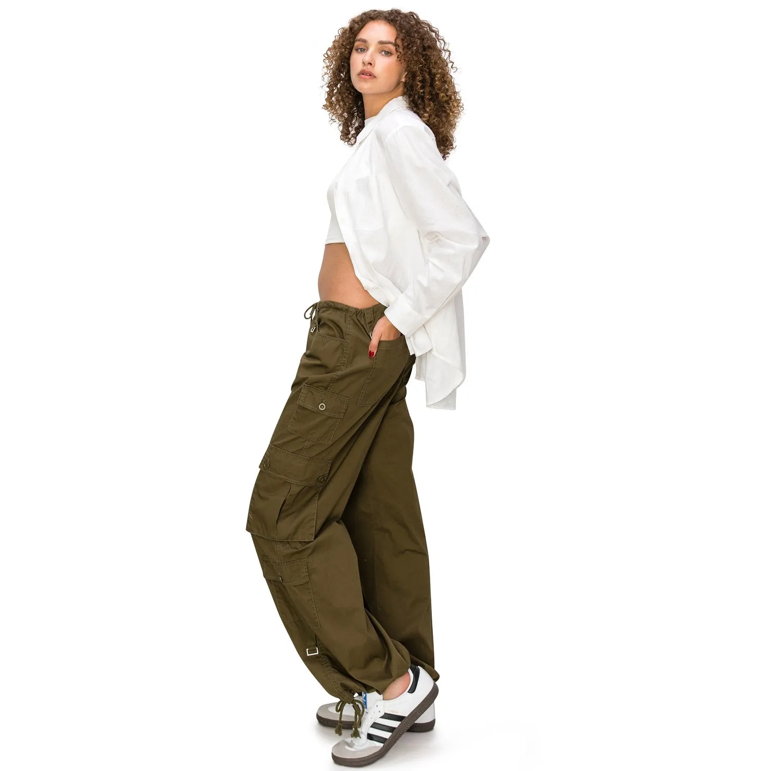 Baggy Fit Parachute Cargo Pants - Olive