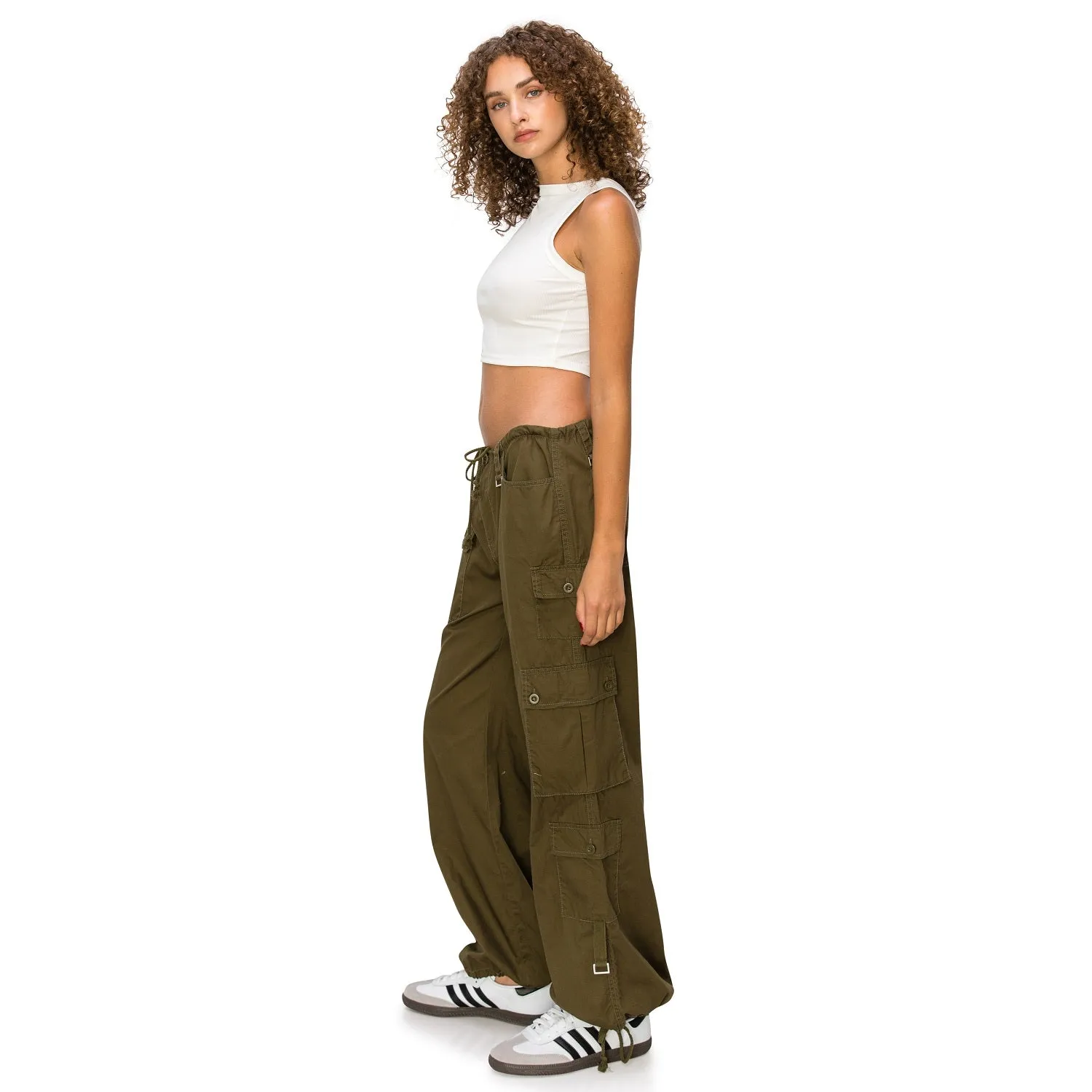 Baggy Fit Parachute Cargo Pants - Olive