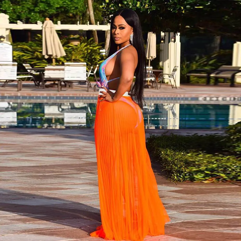 Beach Mesh High Waist See Through Maxi Dress