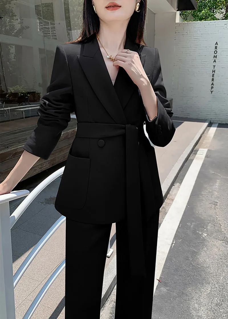 Belted Double Breasted Blazer Wide Pants Suit Two-Piece Set