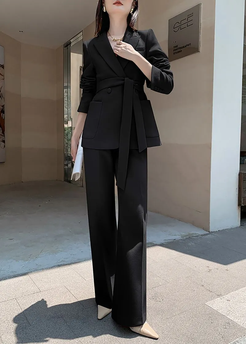 Belted Double Breasted Blazer Wide Pants Suit Two-Piece Set