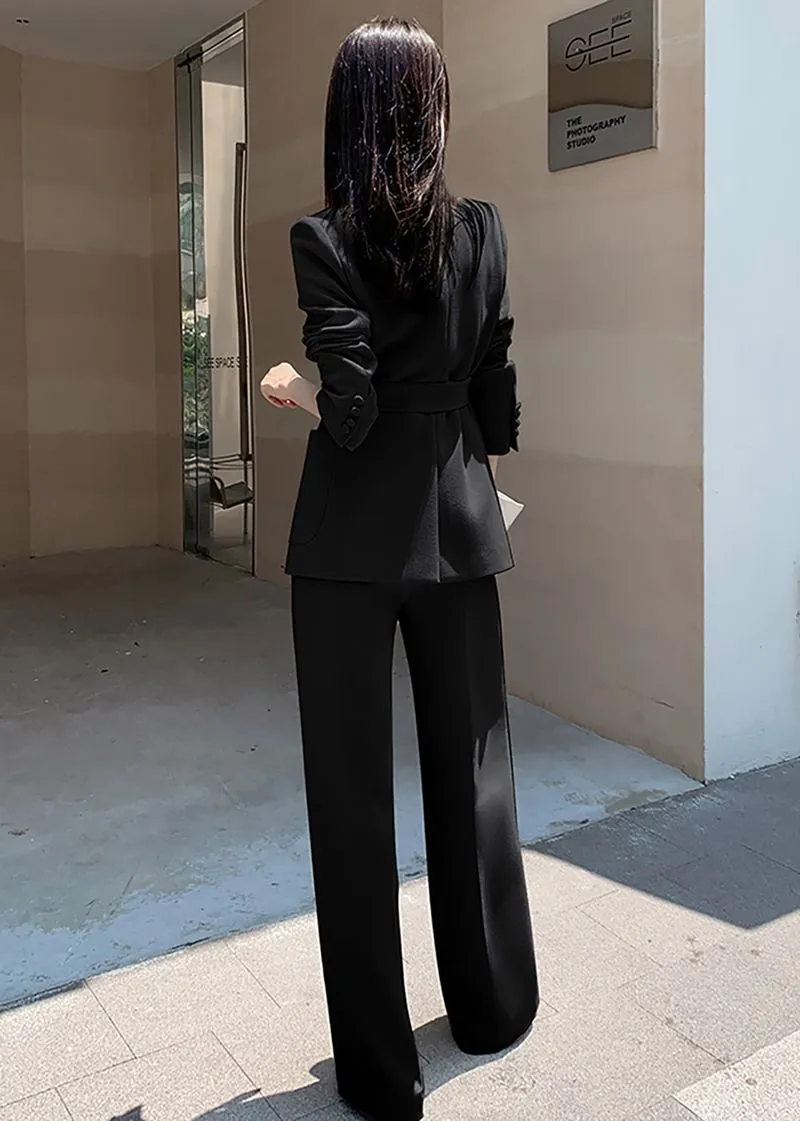 Belted Double Breasted Blazer Wide Pants Suit Two-Piece Set