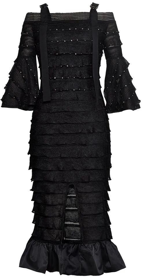 Black Off-Shoulder Studded Knit Tiered Midi Dress