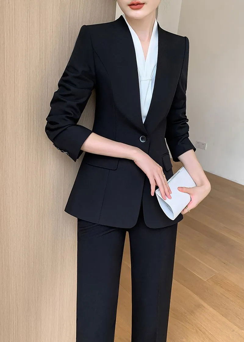 Black One Button Blazer & Cropped Pants Suit Two-Piece Set