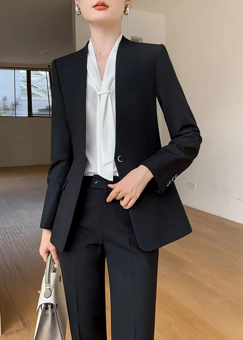 Black One Button Blazer & Cropped Pants Suit Two-Piece Set