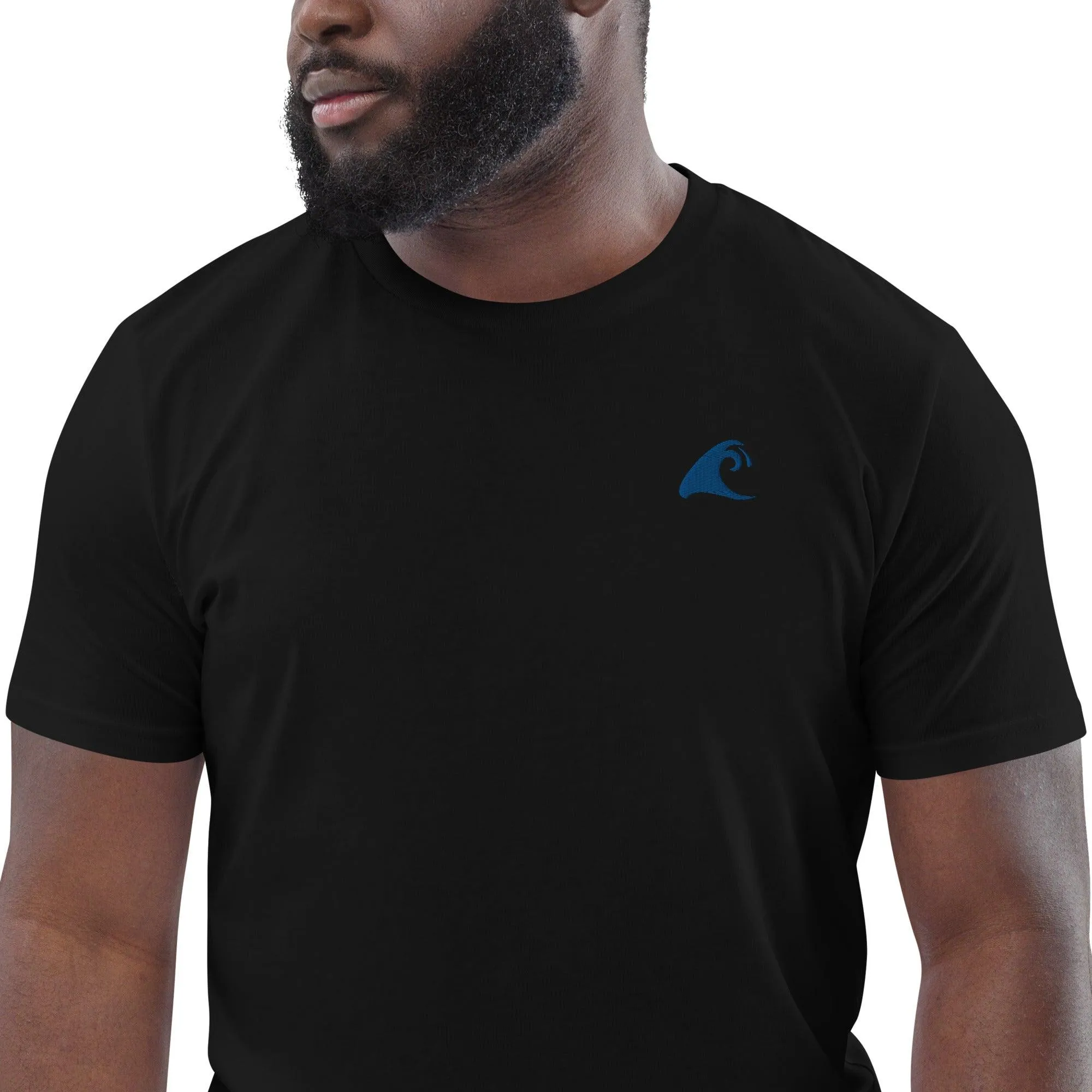 Black Organic Cotton T-Shirt with Royal Blue Extremely Stoked Epic Wave Logo (Embroidered)