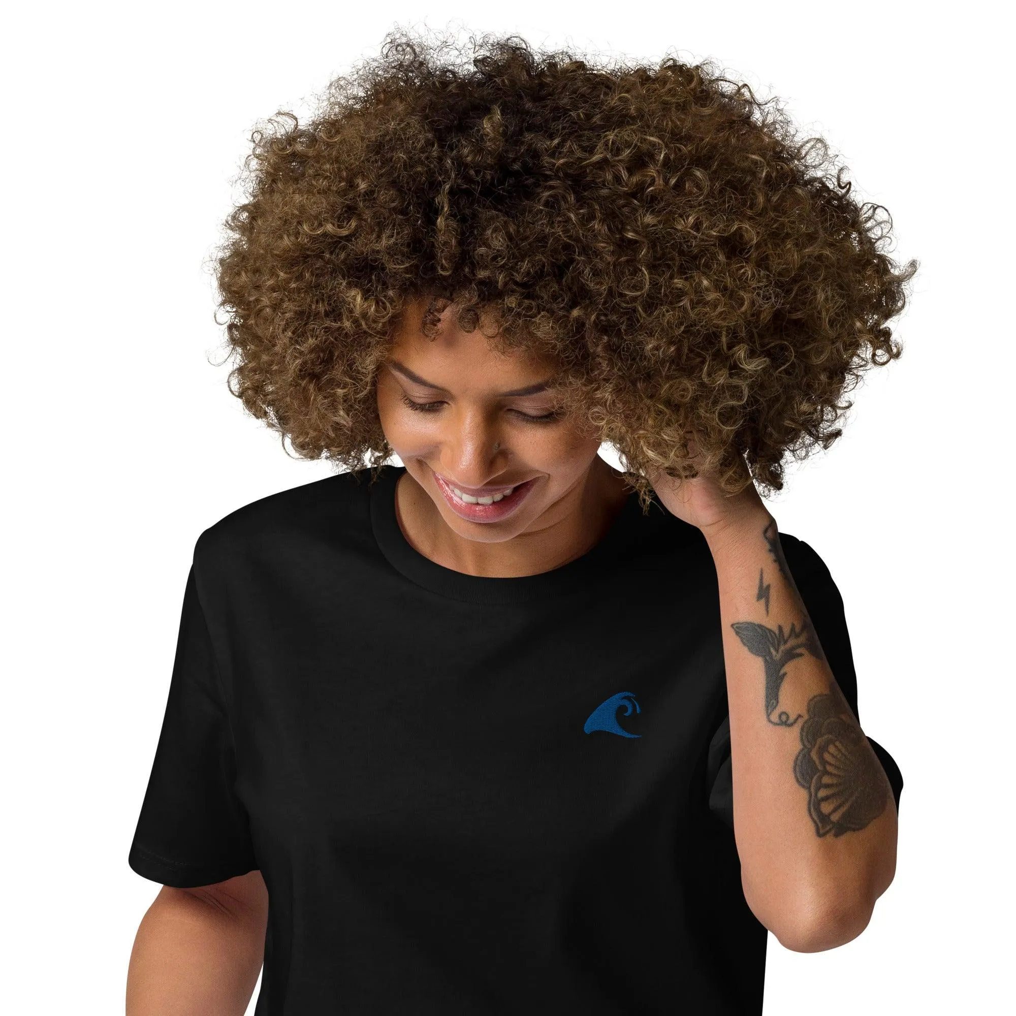 Black Organic Cotton T-Shirt with Royal Blue Extremely Stoked Epic Wave Logo (Embroidered)