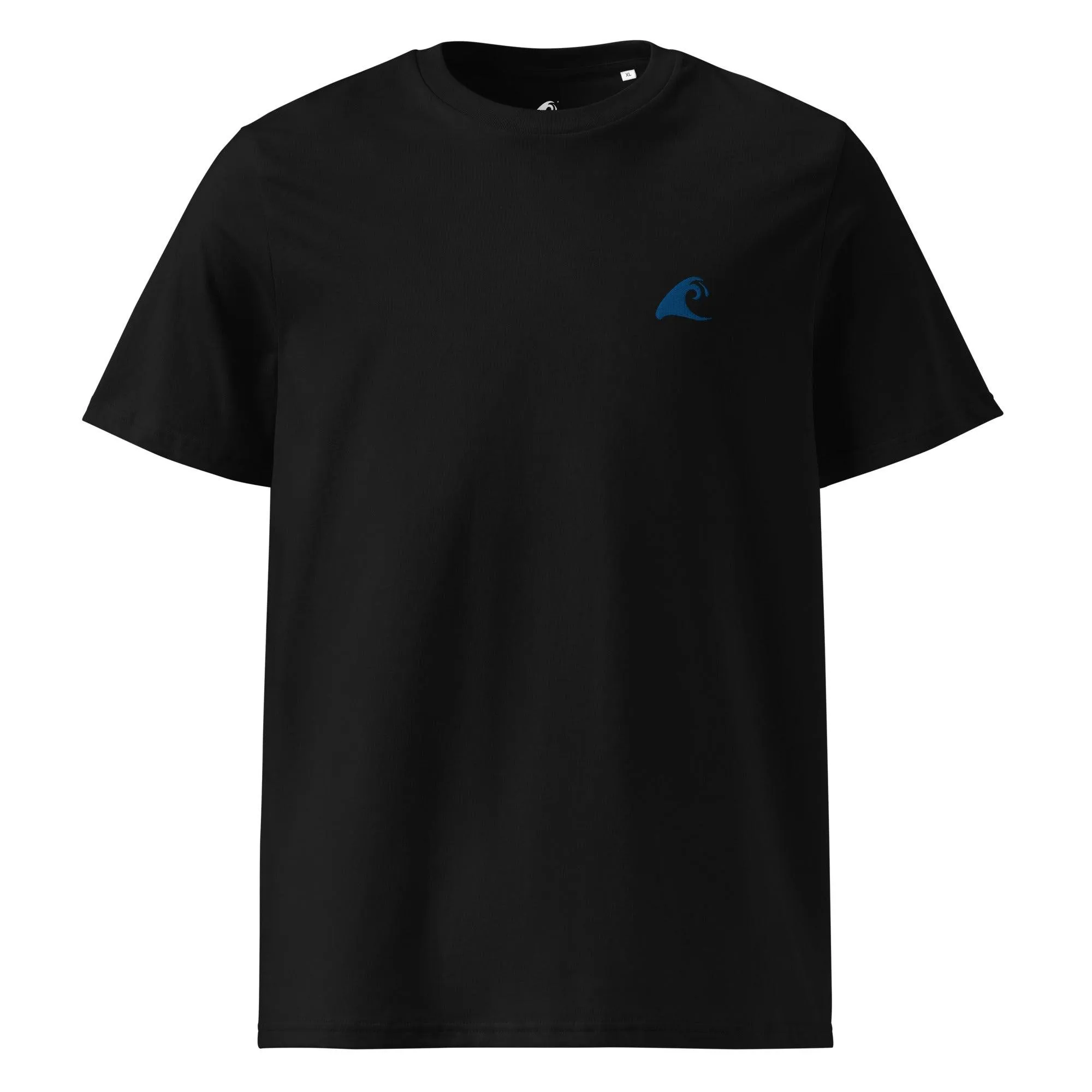 Black Organic Cotton T-Shirt with Royal Blue Extremely Stoked Epic Wave Logo (Embroidered)