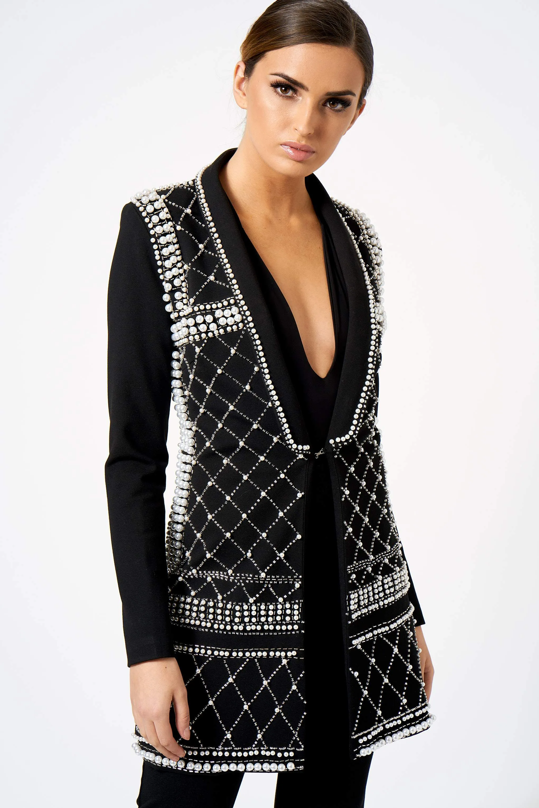 Black Pearl Embellished Long Line Blazer Jacket