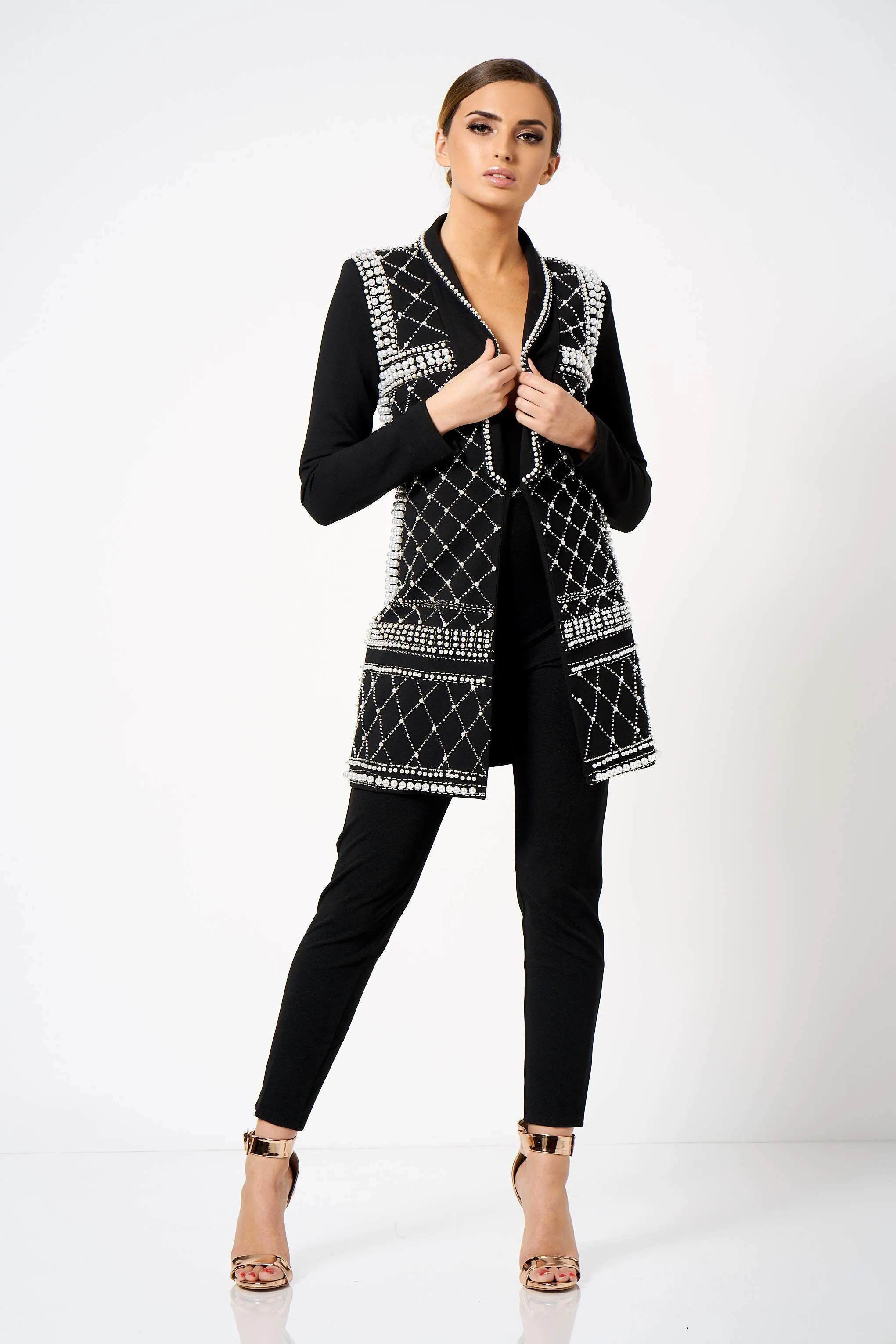 Black Pearl Embellished Long Line Blazer Jacket