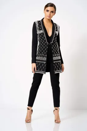 Black Pearl Embellished Long Line Blazer Jacket