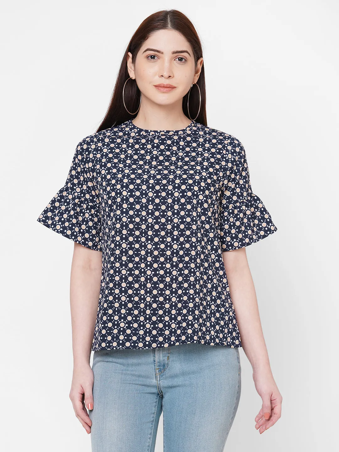 Black Printed Top With Flared Sleeves