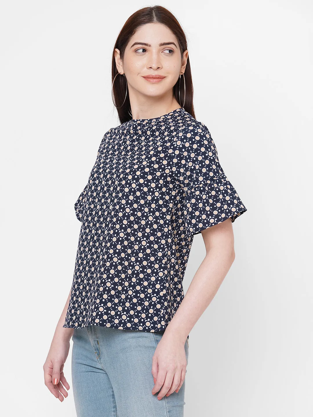 Black Printed Top With Flared Sleeves