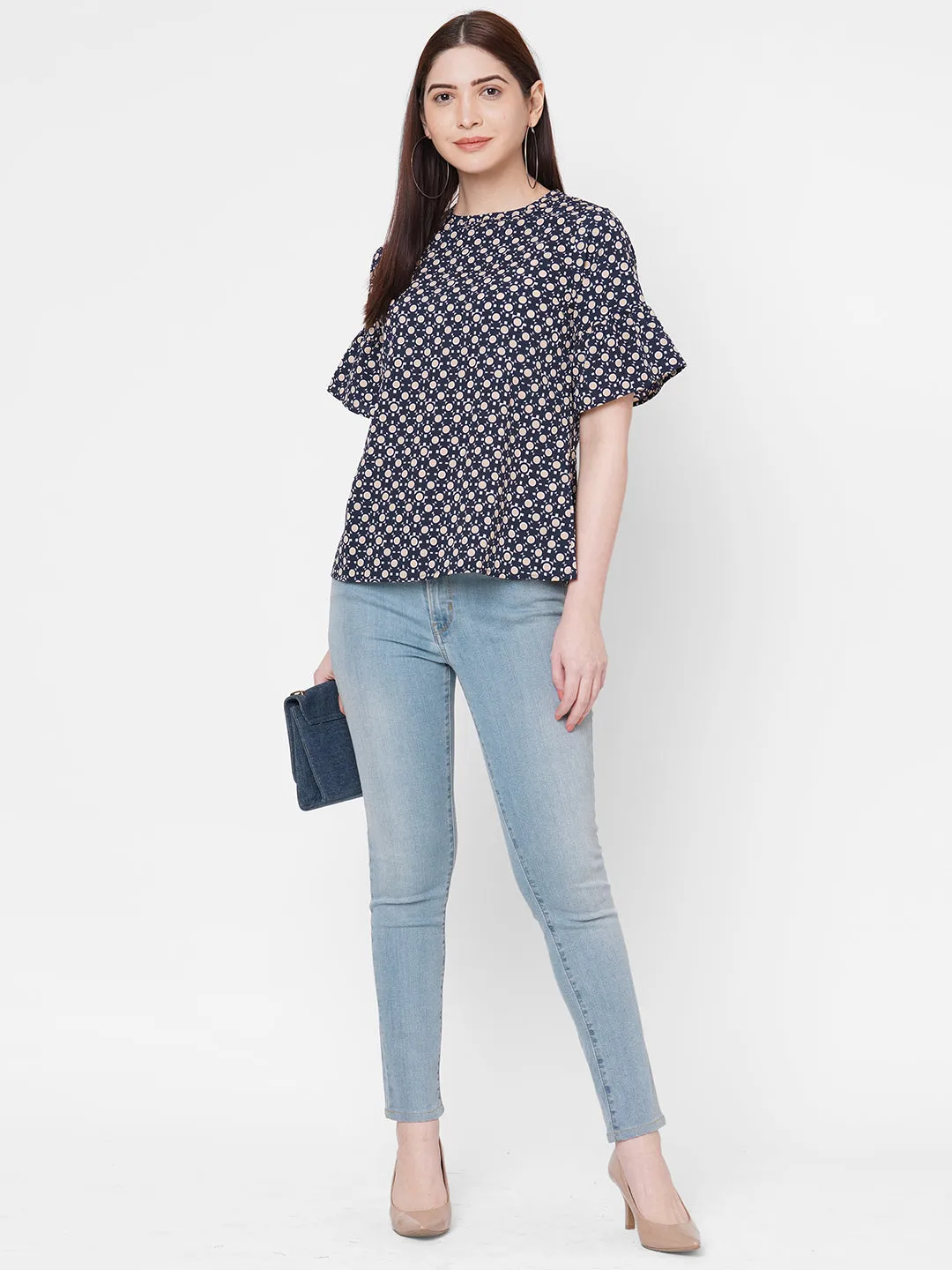 Black Printed Top With Flared Sleeves