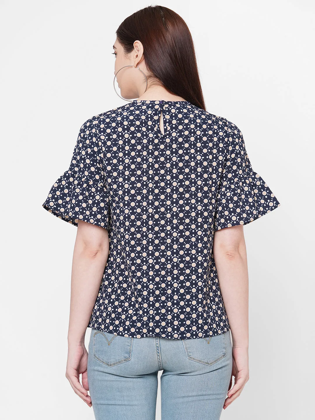 Black Printed Top With Flared Sleeves