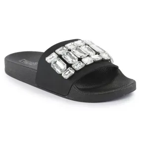 Black Silver Embellished Flat Sliders