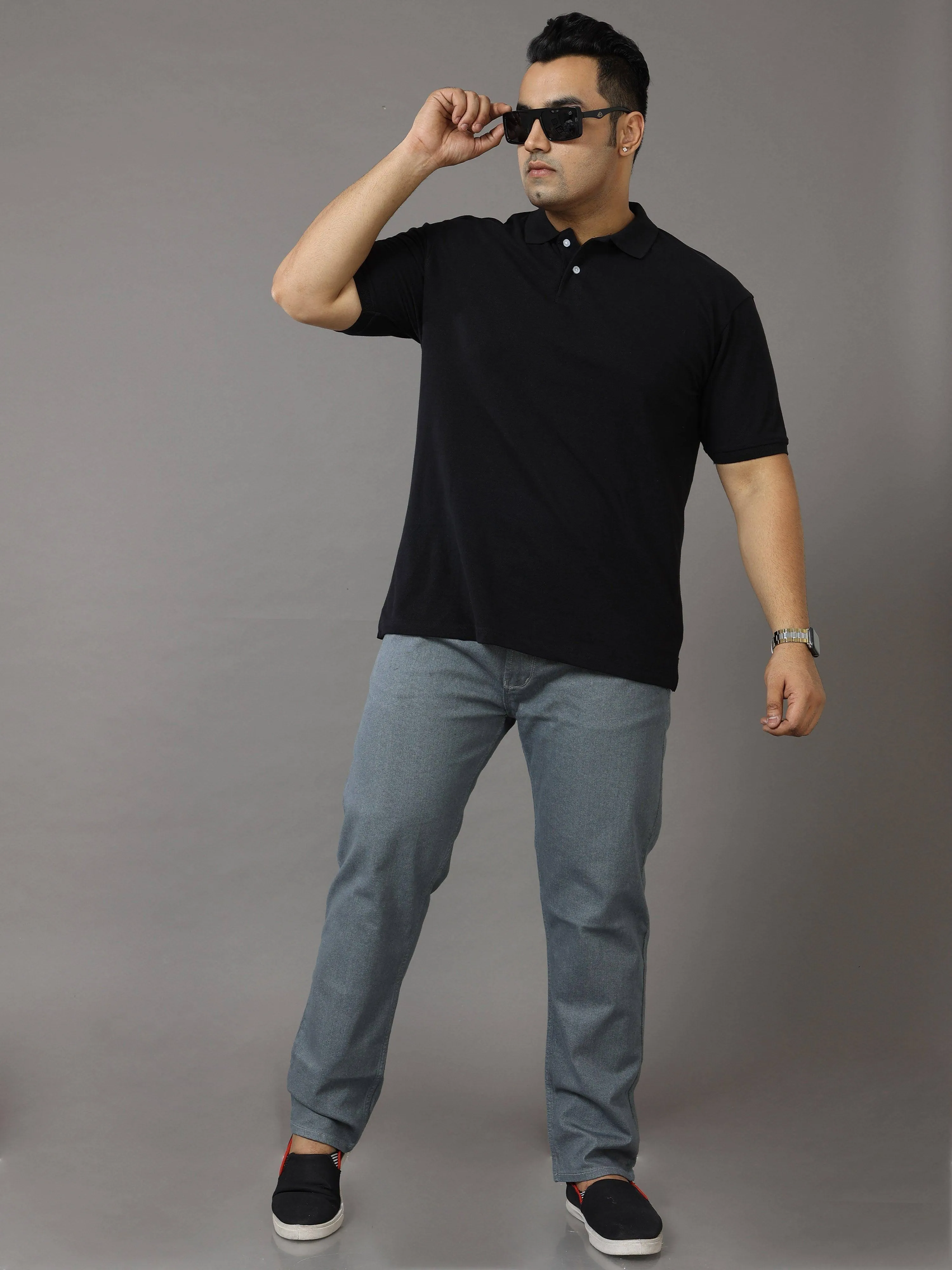 Black Solid Polo Collar Pure Cotton T-SHIRT Men's Plus Size