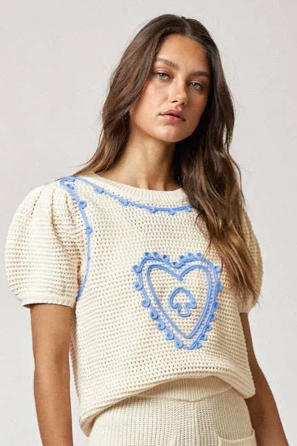 Blue Eyes Heart Embroidered Puff Sleeve Top