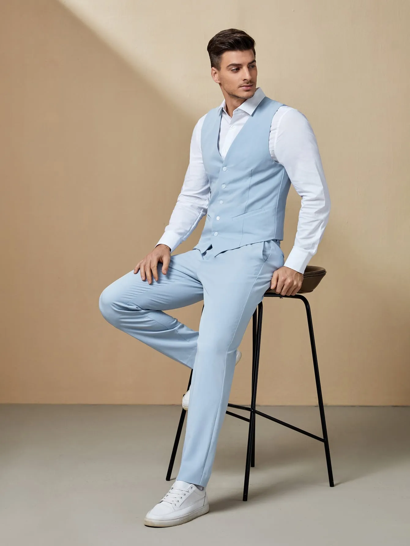 Blue V-Neck Solid Blazer Vest and Suit Pants