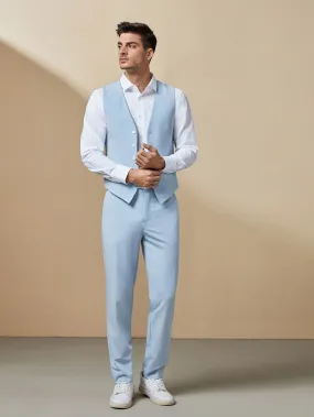 Blue V-Neck Solid Blazer Vest and Suit Pants