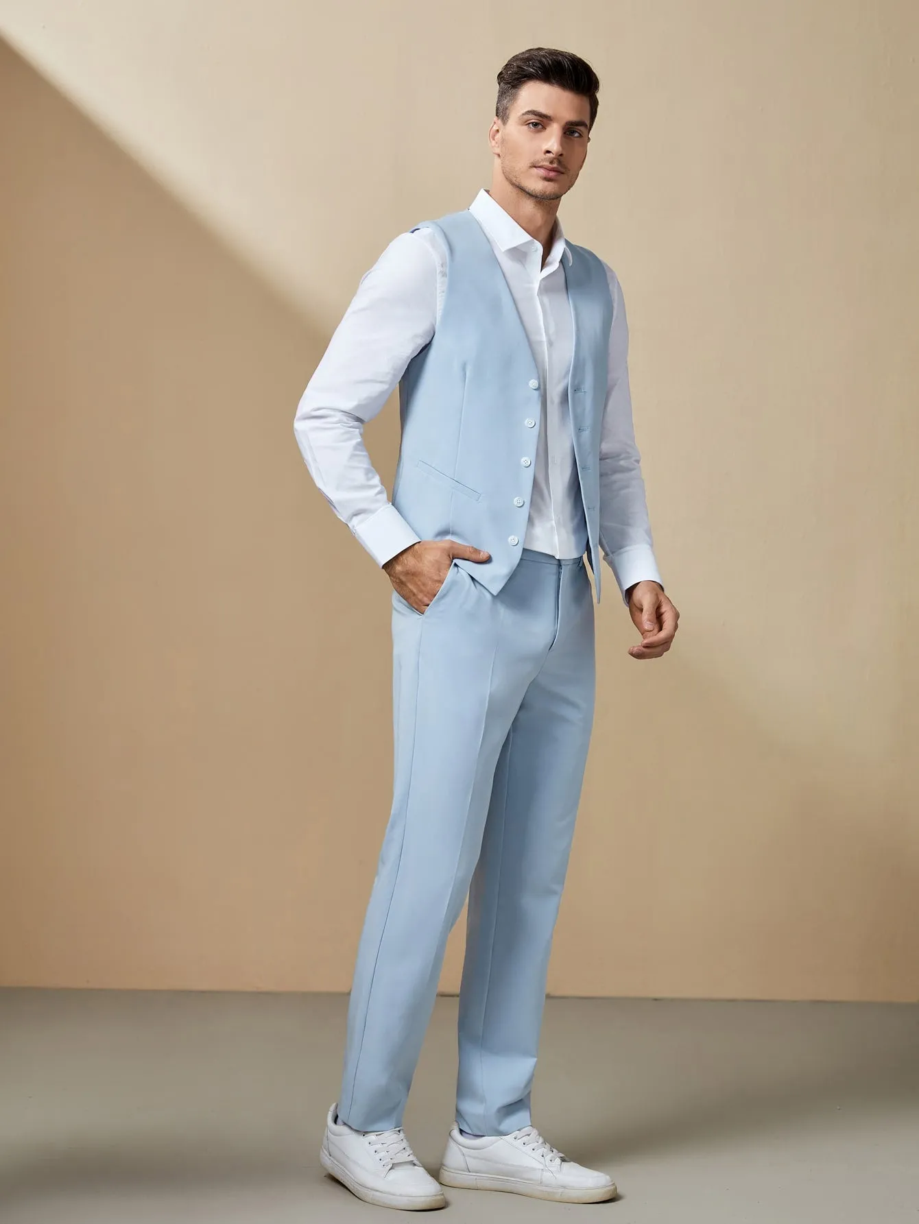 Blue V-Neck Solid Blazer Vest and Suit Pants