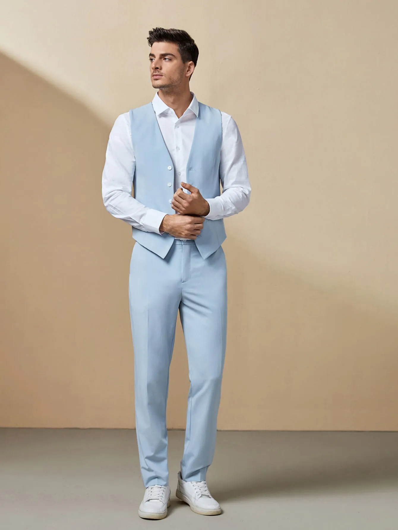 Blue V-Neck Solid Blazer Vest and Suit Pants