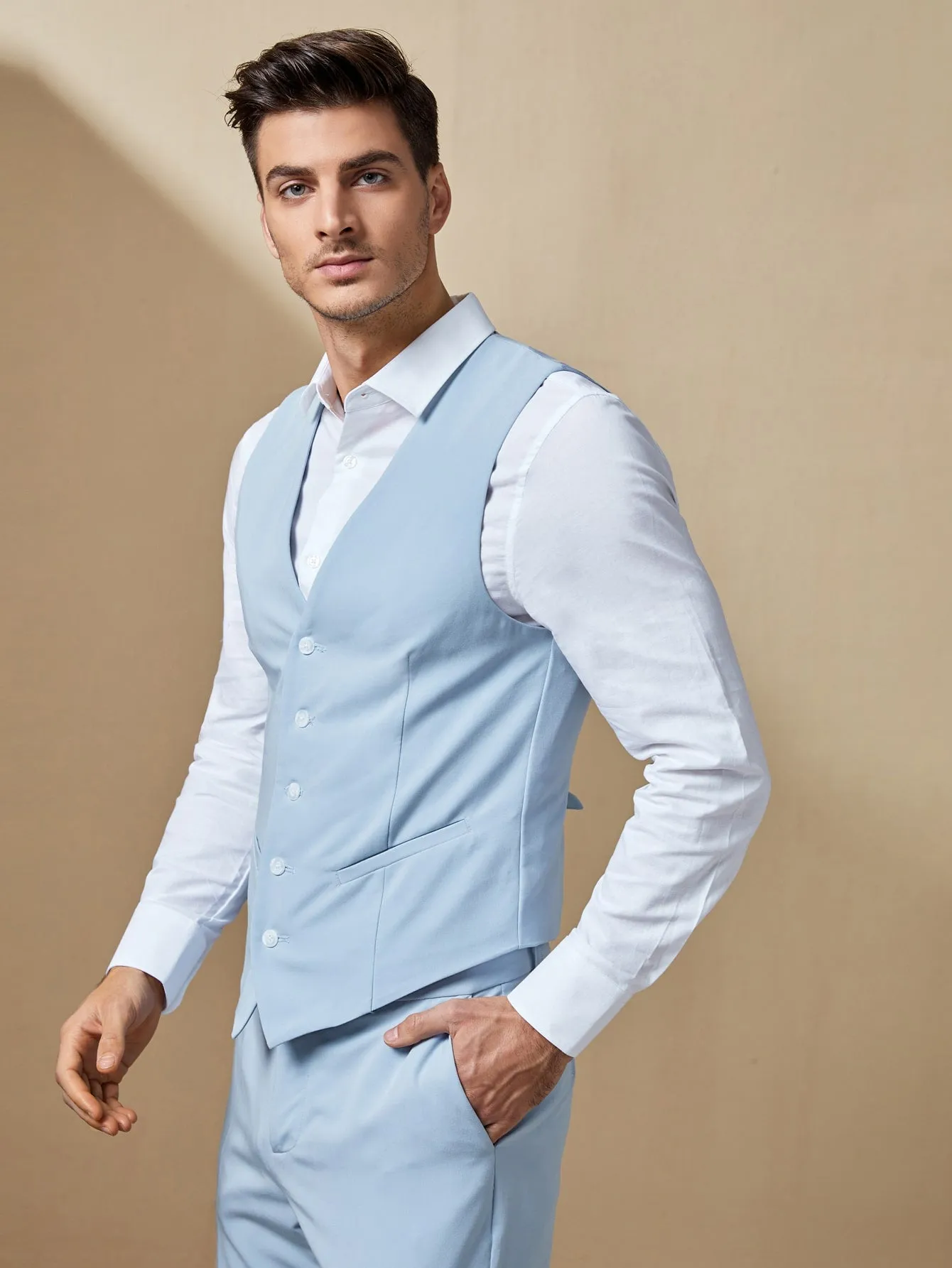 Blue V-Neck Solid Blazer Vest and Suit Pants