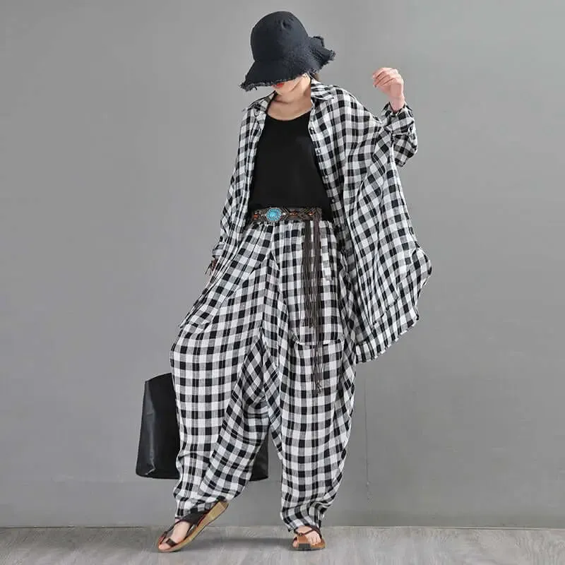 Bohemian Black and White Checkered Linen Bloomers for Women