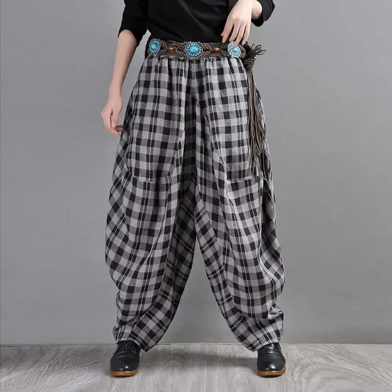 Bohemian Black and White Checkered Linen Bloomers for Women