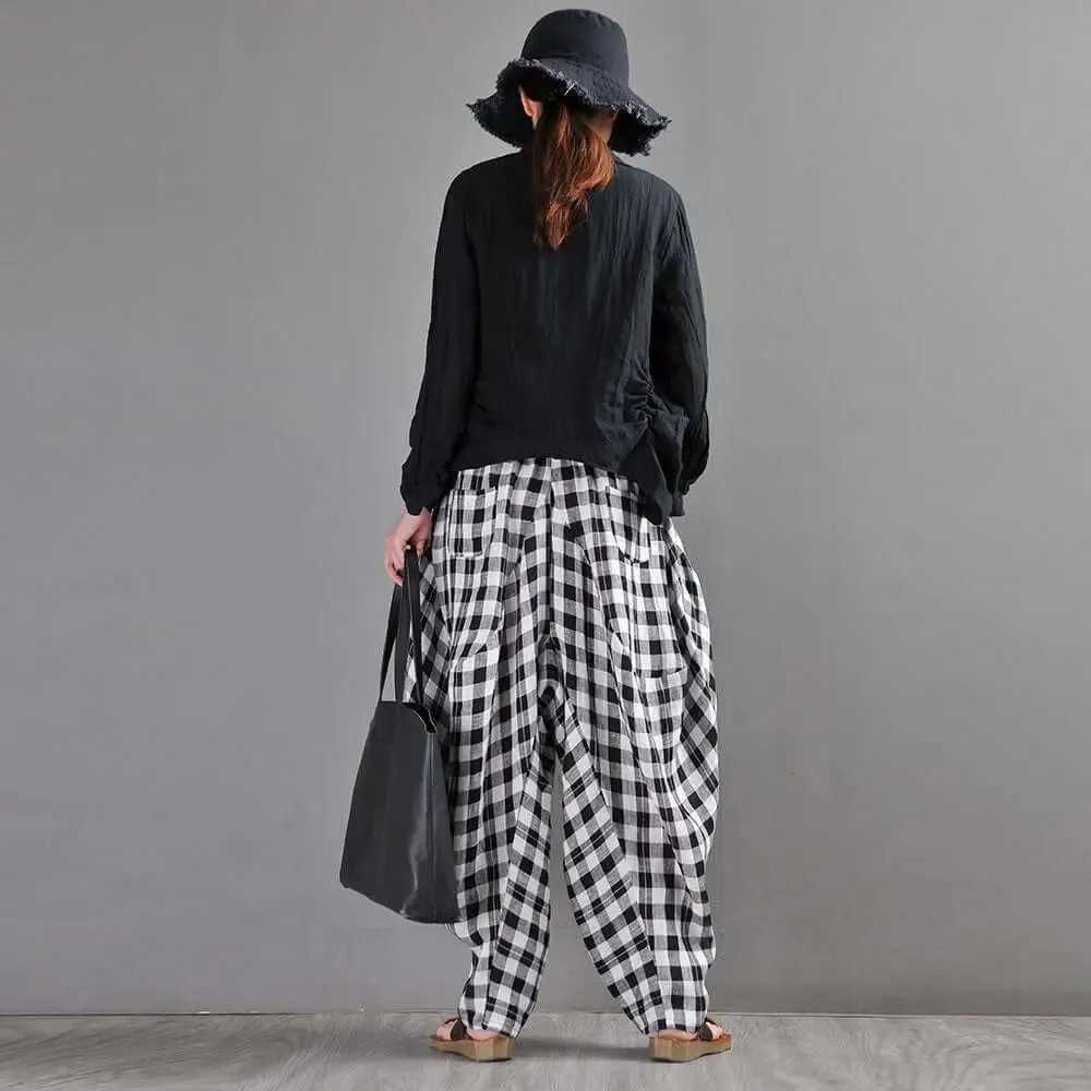 Bohemian Black and White Checkered Linen Bloomers for Women