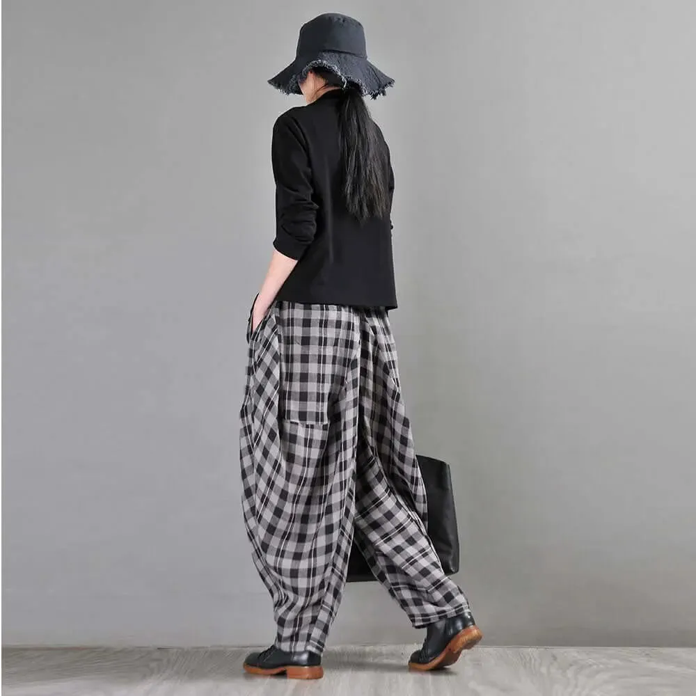 Bohemian Black and White Checkered Linen Bloomers for Women